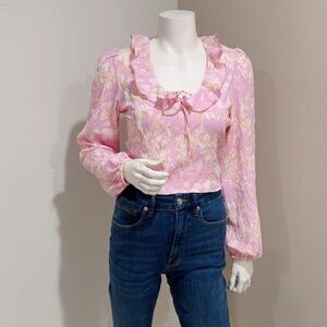 Forever 21 Women's Pink Floral Ruffle Neck Long-Sleeve Blouse Top Size S
